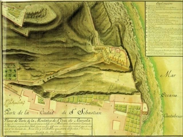 Plano de Isidro Próspero Verbom del 12 de Septiembre de 1725, en el que se aprecia al detalle la Batería del Mirador y el Baluartillo de San Telmo (K). 
SGE, Cartoteca Histórica (Arm. F, Tabl. 2, Carp. 1. N. 173)
