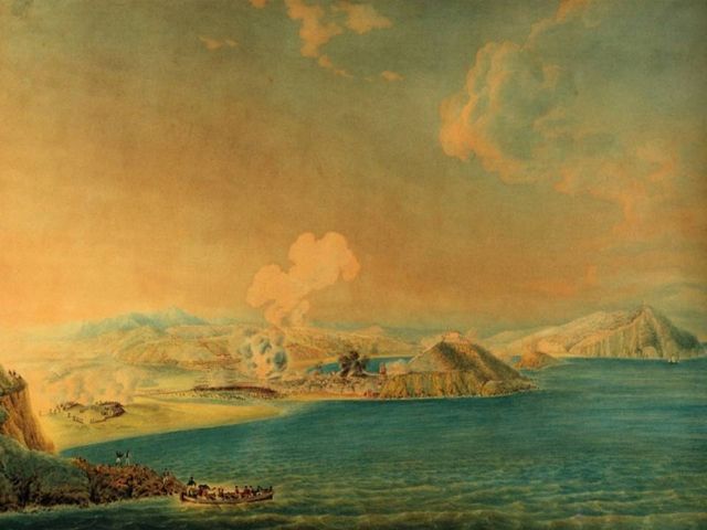 Acuarela de Alexis Pasquieri realizada en 1829, en la que se aprecia el ataque, seguramente del 25 de Julio, desde la Punta de Mompás, en el Monte Ulía.