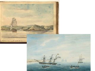 Arriba un dibujo de G. Tobin de la expedición de Bligh, y a la derecha la fragata 