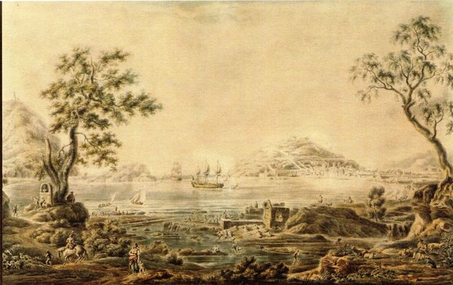 Vista de San Sebastián durante la ocupación francesa. 1810. Acuarela de Jean Baptiste Genillon. Colecc. Fundación Kutxa.
