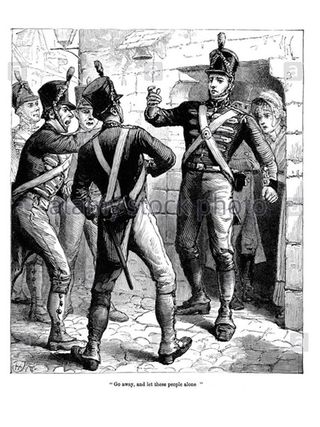 Dibujo de la época victoriana sobre el saqueo de la ciudad, mostrando a uno de los soldados aliados salvando a las donostiarras de la furia de sus compañeros.