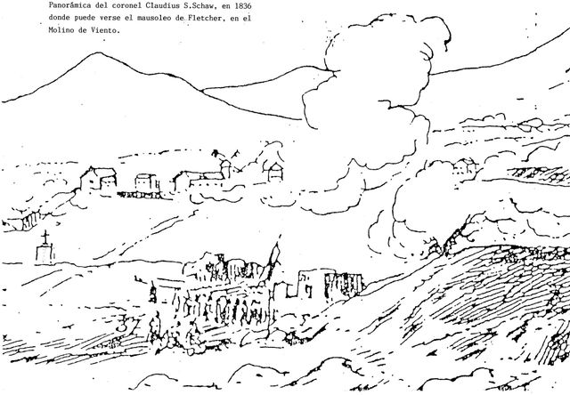 Grabado realizado por el Coronel Claudius S. Shaw en 1836, en el que puede verse, a la izquierda, el mausoleo de Fletcher en el Molino de Viento.